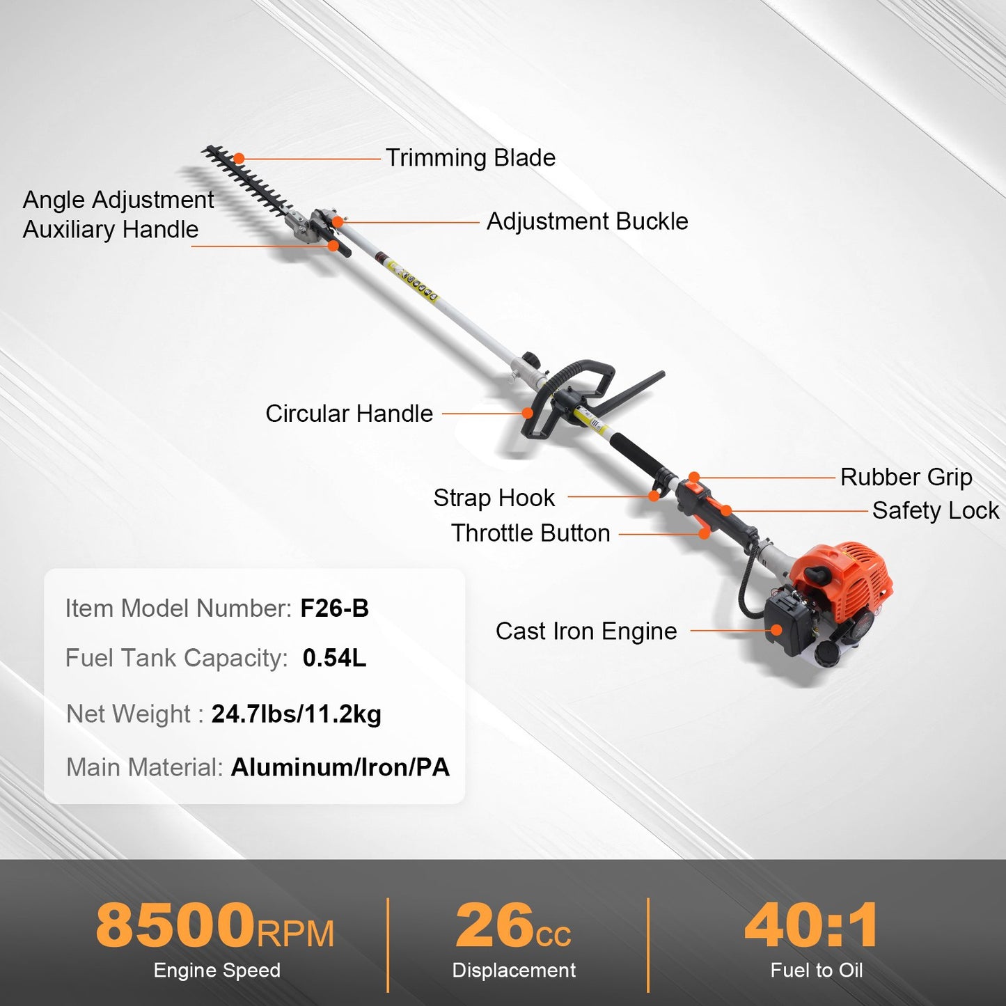 15.7-inch 26CC 2 Cycle Gas Hedge Trimmer, Gas Powered Pole Hedge Trimmer with Dual Sided Dual Action Blade, Adjustable Trimmer Head, Suitable for Trimming Shrubs, Bushes - Image 7