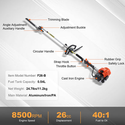 15.7-inch 26CC 2 Cycle Gas Hedge Trimmer, Gas Powered Pole Hedge Trimmer with Dual Sided Dual Action Blade, Adjustable Trimmer Head, Suitable for Trimming Shrubs, Bushes - Image 7