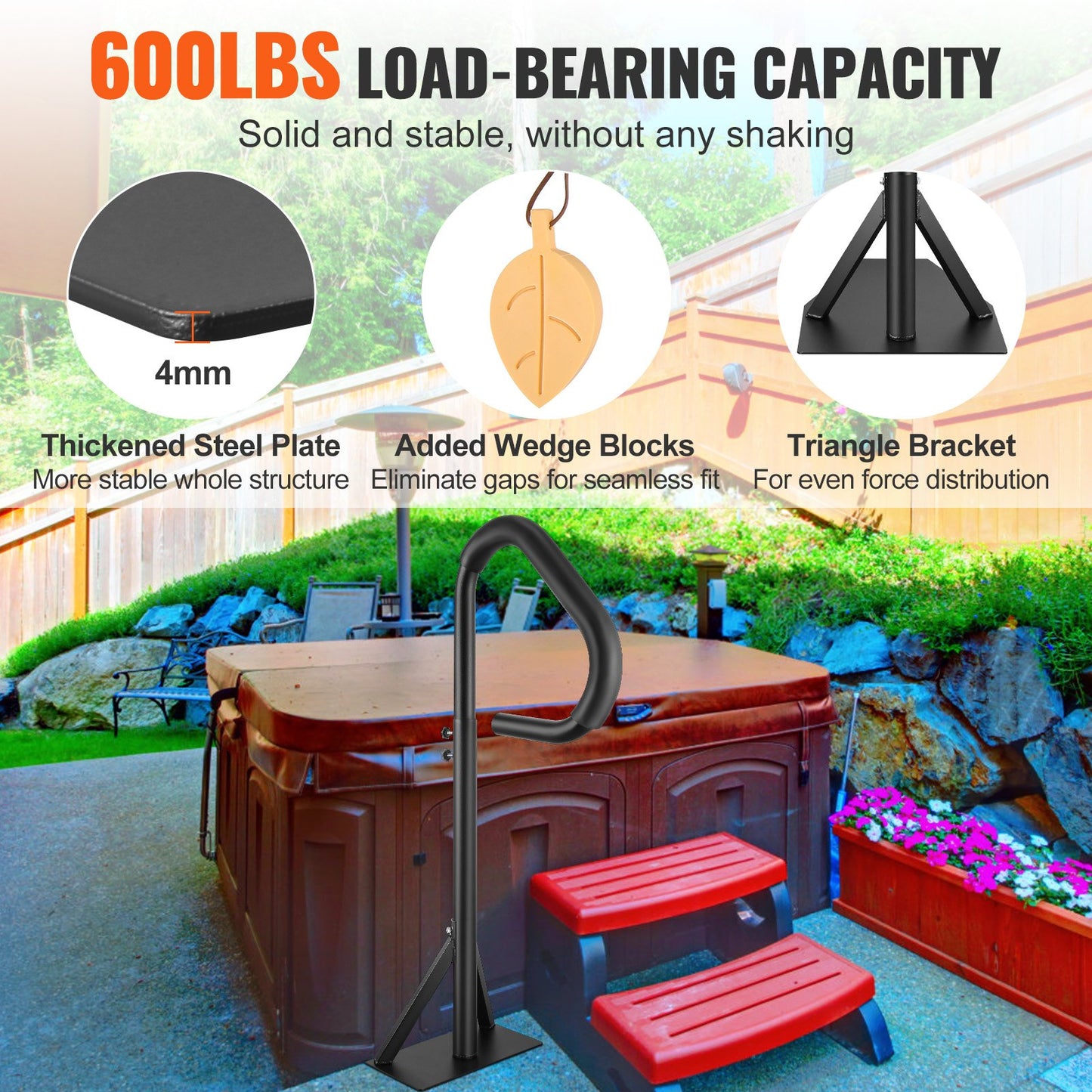 Hot Tub Handrail, 360 Rotatable Spa Side Handrail with 35"-57" Adjustable Height, Rust-proof Aluminum Spa Step Hot Tub Hand Rail with Slide-Under Mount Base for Indoor & Outdoor, 600LBS Capacity - Image 3
