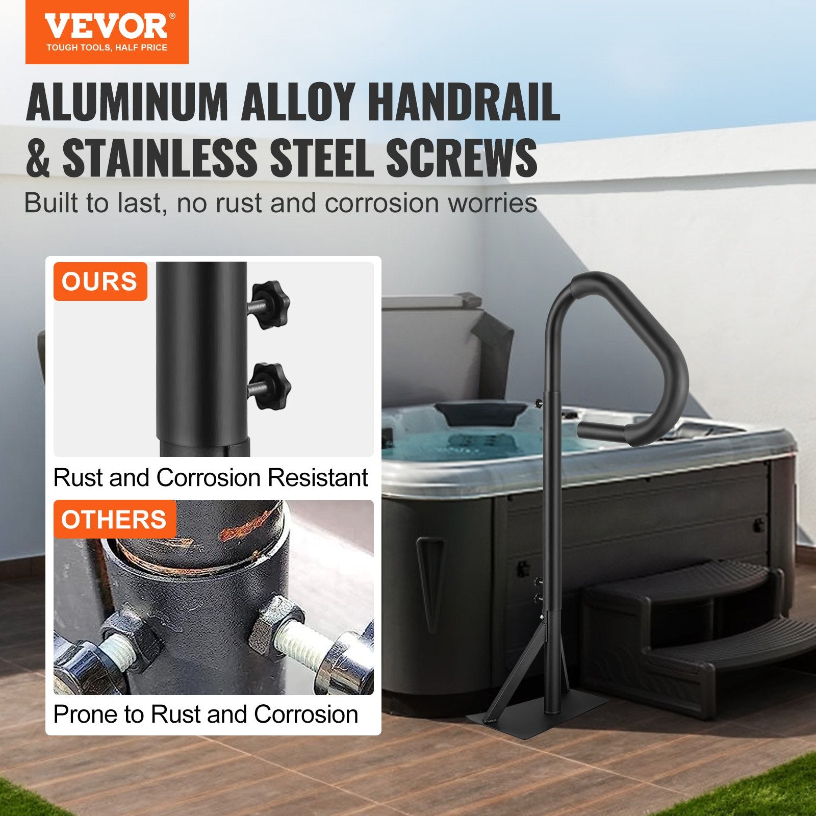 Hot Tub Handrail, 360 Rotatable Spa Side Handrail with 48"-63" Adjustable Height, Rust-proof Aluminum Spa Step Hot Tub Hand Rail with Slide-Under Mount Base for Indoor & Outdoor, 600LBS Capacity - Image 2
