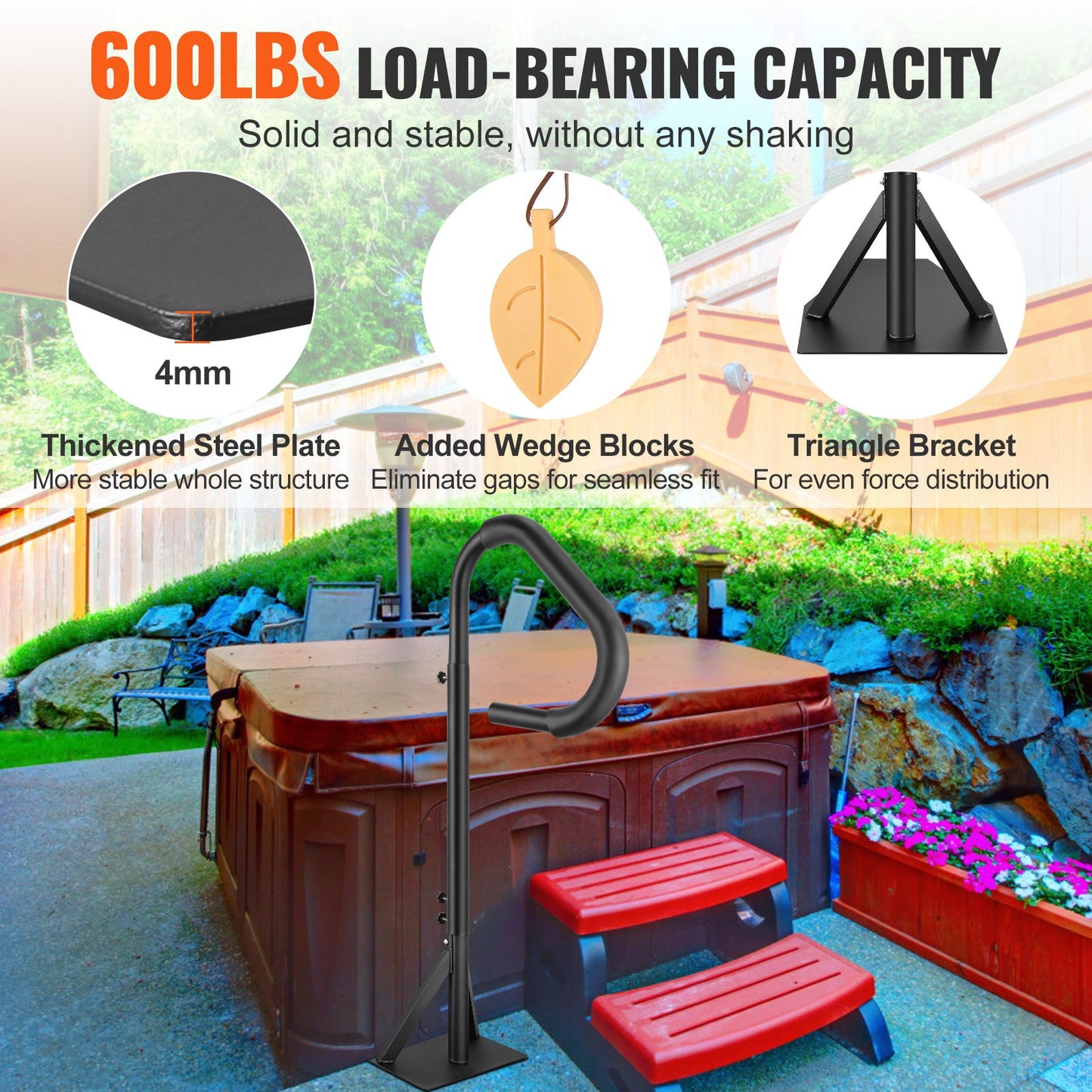 Hot Tub Handrail, 360 Rotatable Spa Side Handrail with 48"-63" Adjustable Height, Rust-proof Aluminum Spa Step Hot Tub Hand Rail with Slide-Under Mount Base for Indoor & Outdoor, 600LBS Capacity - Image 3