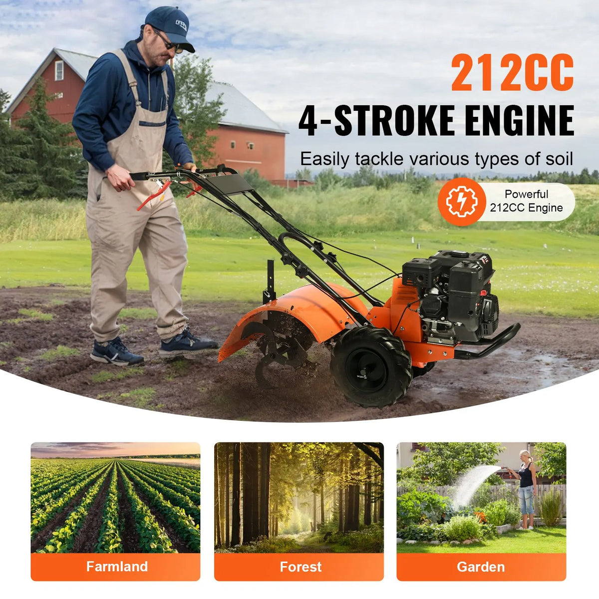 Tiller Cultivator Gas Powered, 212CC 4-Stroke Garden Cultivator, Tiller with 4 Steel Adjustable Rear Tines for Lawn, Garden and Field Soil Cultivation - Image 2
