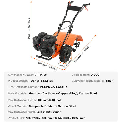 Tiller Cultivator Gas Powered, 212CC 4-Stroke Garden Cultivator, Tiller with 4 Steel Adjustable Rear Tines for Lawn, Garden and Field Soil Cultivation - Image 7