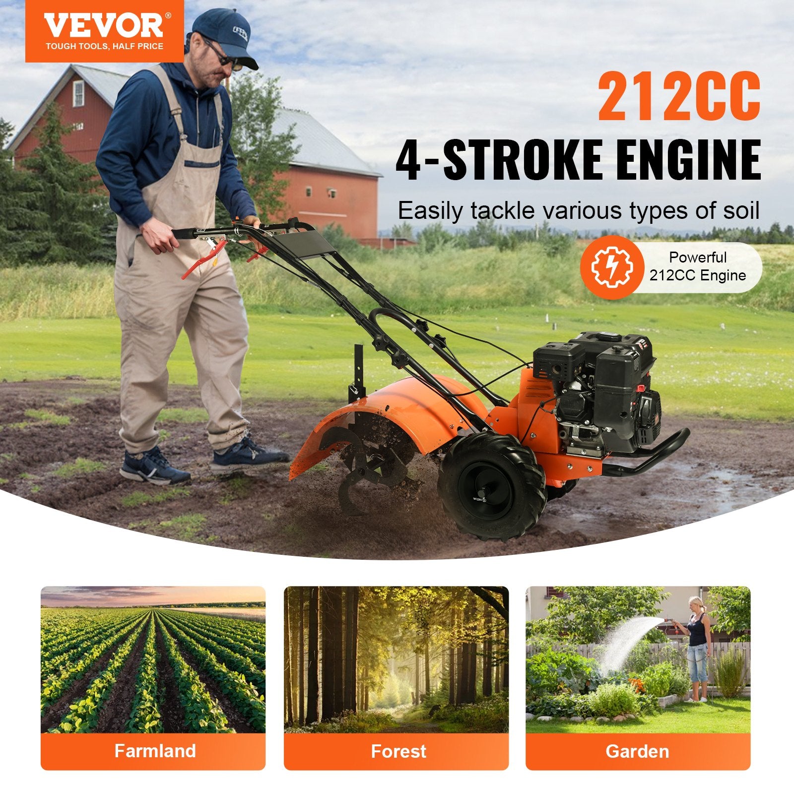 Tiller Cultivator Gas Powered, 212CC 4-Stroke Garden Cultivator, Tiller with 4 Steel Adjustable Rear Tines for Lawn, Garden and Field Soil Cultivation - Image 2