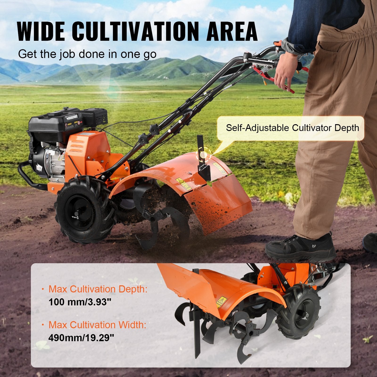 Tiller Cultivator Gas Powered, 212CC 4-Stroke Garden Cultivator, Tiller with 4 Steel Adjustable Rear Tines for Lawn, Garden and Field Soil Cultivation - Image 3