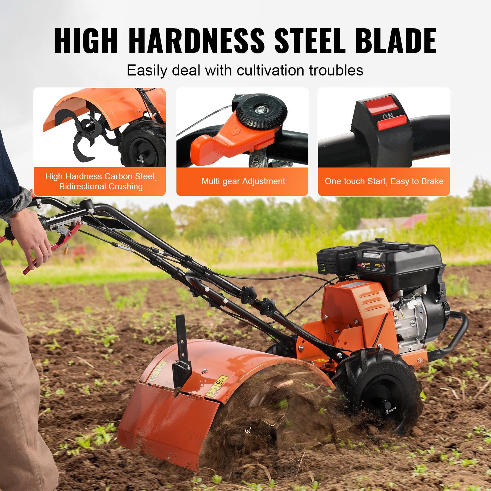 Tiller Cultivator Gas Powered, 212CC 4-Stroke Garden Cultivator, Tiller with 4 Steel Adjustable Rear Tines for Lawn, Garden and Field Soil Cultivation - Image 4