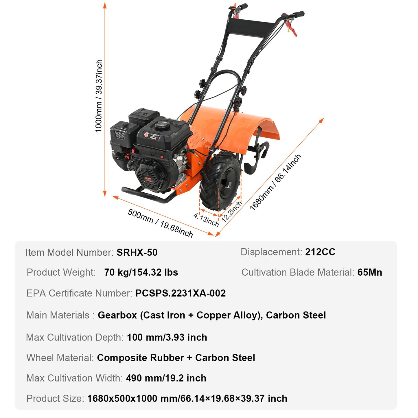 Tiller Cultivator Gas Powered, 212CC 4-Stroke Garden Cultivator, Tiller with 4 Steel Adjustable Rear Tines for Lawn, Garden and Field Soil Cultivation - Image 7