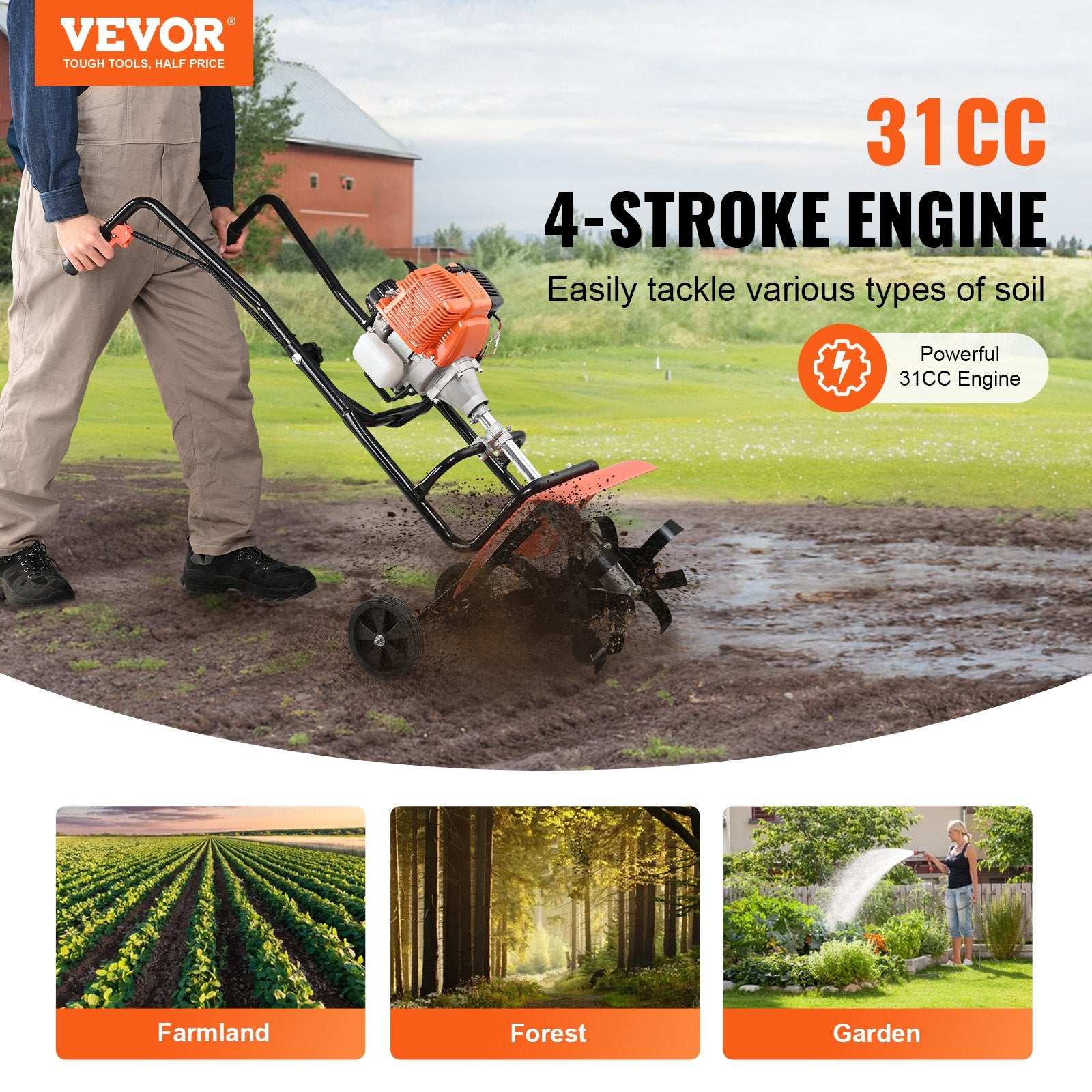 Tiller Cultivator Gas Powered, 31CC 4-Stroke Garden Cultivator, Tiller with 4 Steel Adjustable Front Tines for Lawn, Garden and Field Soil Cultivation - Image 2