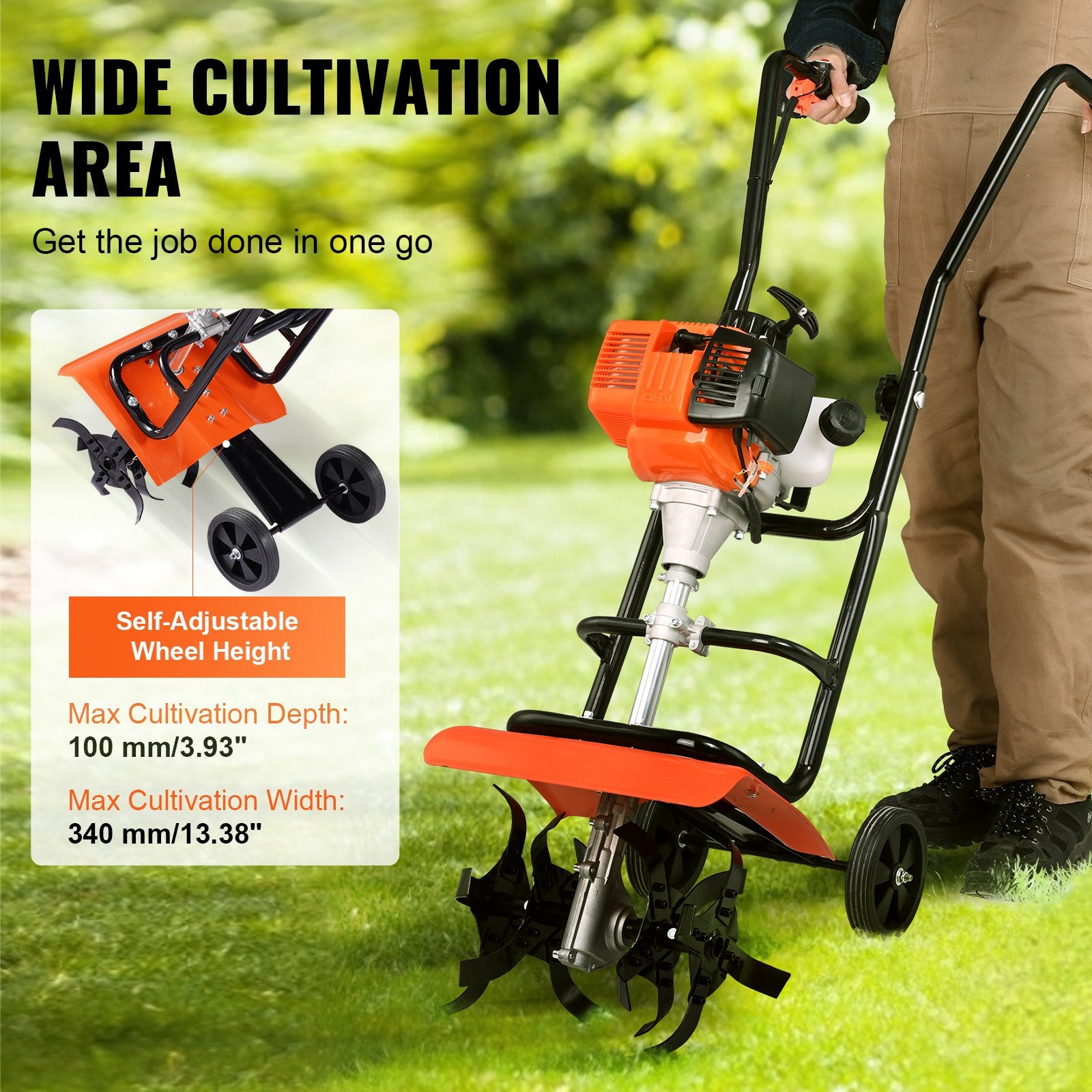 Tiller Cultivator Gas Powered, 31CC 4-Stroke Garden Cultivator, Tiller with 4 Steel Adjustable Front Tines for Lawn, Garden and Field Soil Cultivation - Image 4