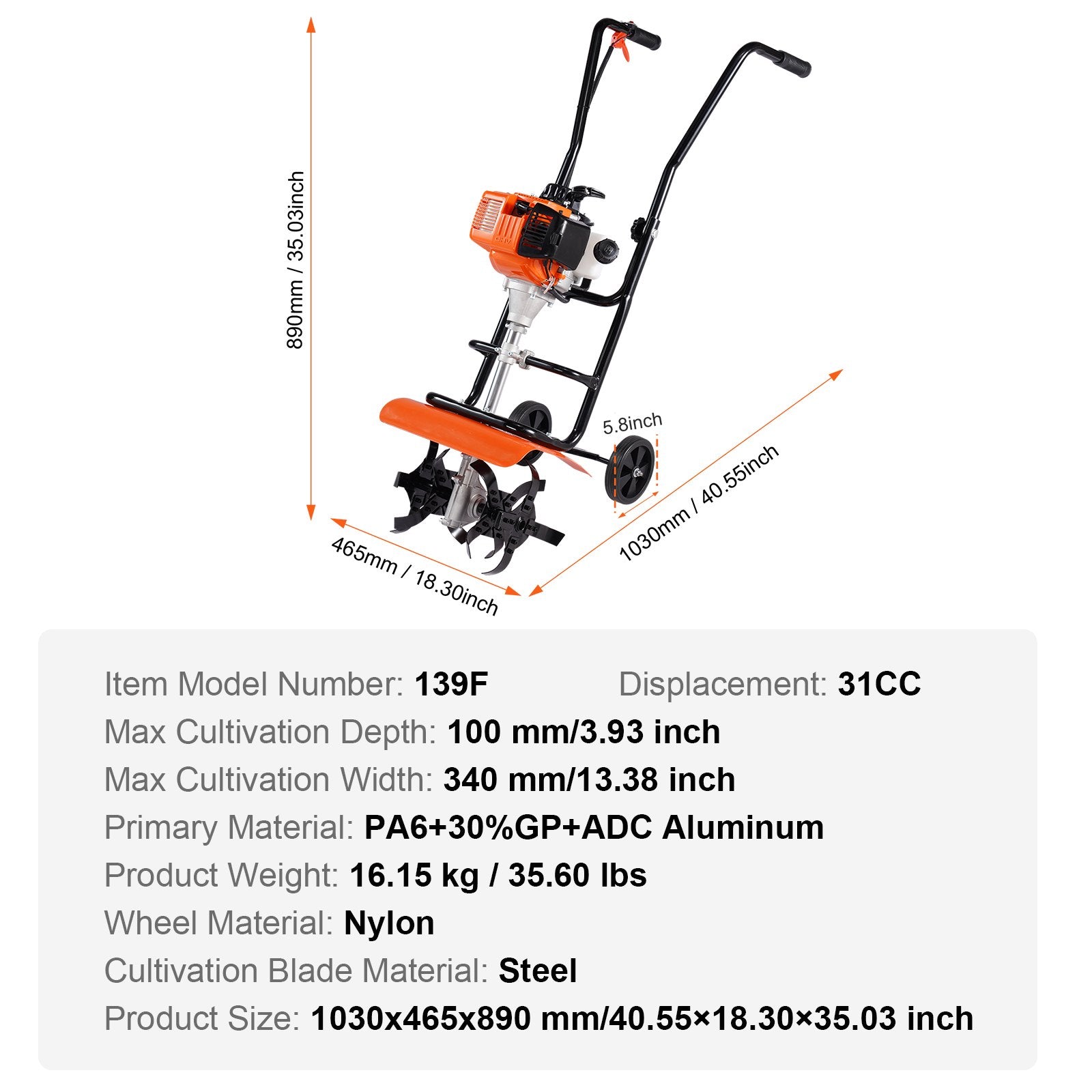 Tiller Cultivator Gas Powered, 31CC 4-Stroke Garden Cultivator, Tiller with 4 Steel Adjustable Front Tines for Lawn, Garden and Field Soil Cultivation - Image 7