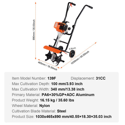 Tiller Cultivator Gas Powered, 31CC 4-Stroke Garden Cultivator, Tiller with 4 Steel Adjustable Front Tines for Lawn, Garden and Field Soil Cultivation - Image 7