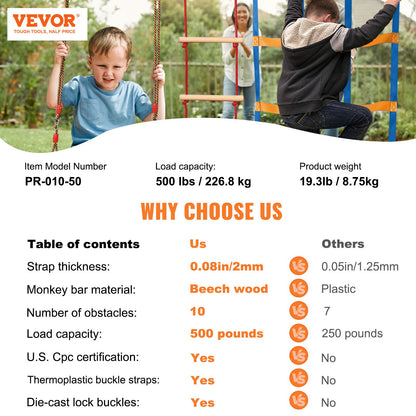 Ninja Warrior Obstacle Course for Kids, 15.24 m Weatherproof Slacklines, 500lbs Weight Capacity Monkey Line, Outdoor Playset Equipment, Backyard Toys Training Equipment Set with 10 Obstacles - Image 7