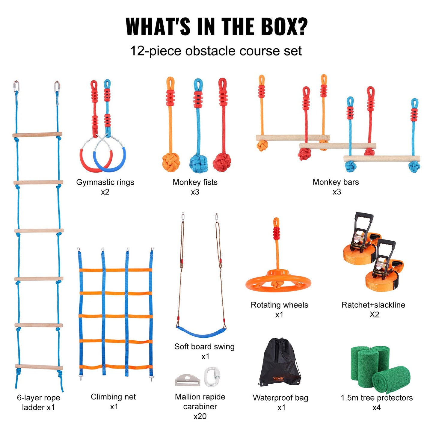 Ninja Warrior Obstacle Course for Kids, 2 x 17m Weatherproof Slacklines, 227kg Weight Capacity Monkey Line, Outdoor Playset Equipment, Backyard Toys Training Equipment Set with 12 Obstacles - Image 6