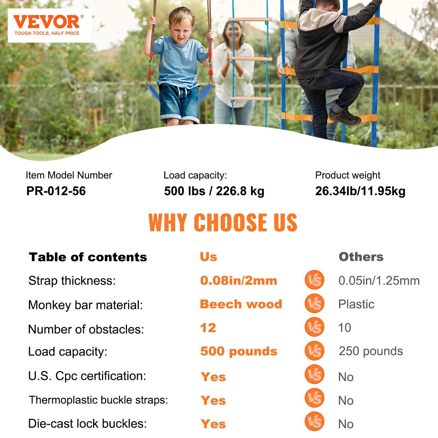 Ninja Warrior Obstacle Course for Kids, 2 x 17m Weatherproof Slacklines, 227kg Weight Capacity Monkey Line, Outdoor Playset Equipment, Backyard Toys Training Equipment Set with 12 Obstacles - Image 7