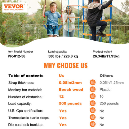 Ninja Warrior Obstacle Course for Kids, 2 x 17m Weatherproof Slacklines, 227kg Weight Capacity Monkey Line, Outdoor Playset Equipment, Backyard Toys Training Equipment Set with 12 Obstacles - Image 7