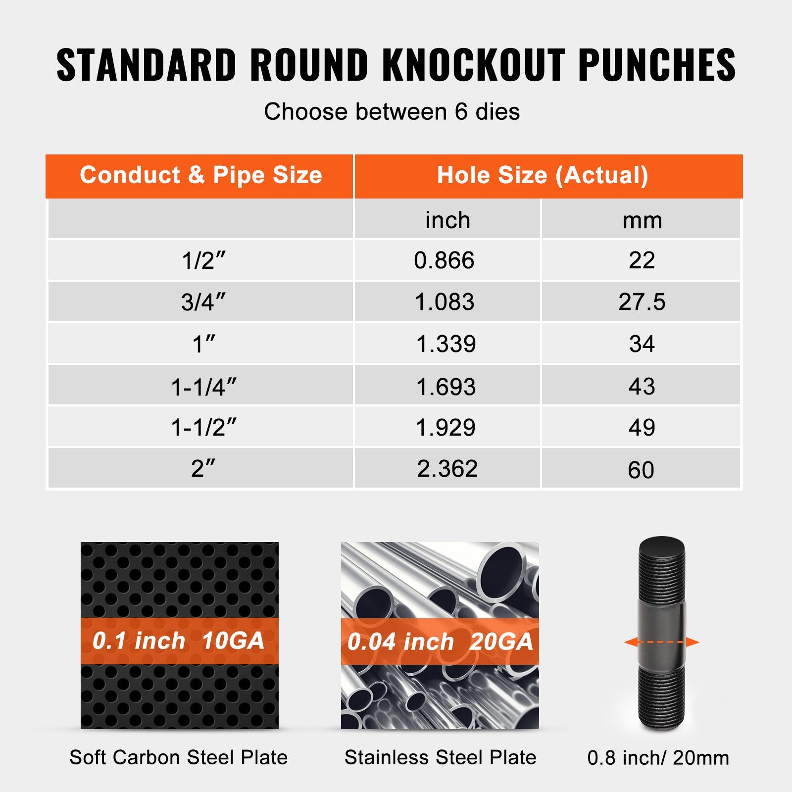 10 Ton Hydraulic Knockout Punch Kit, 1/2" to 2" Conduit Hole Cutter Set, KO Tool Kits with Puncher 6 Piece, Metal Sheet Driver Tools, For Aluminum, Brass, Stainless Steel, Fiberglass and Plastic - Image 4