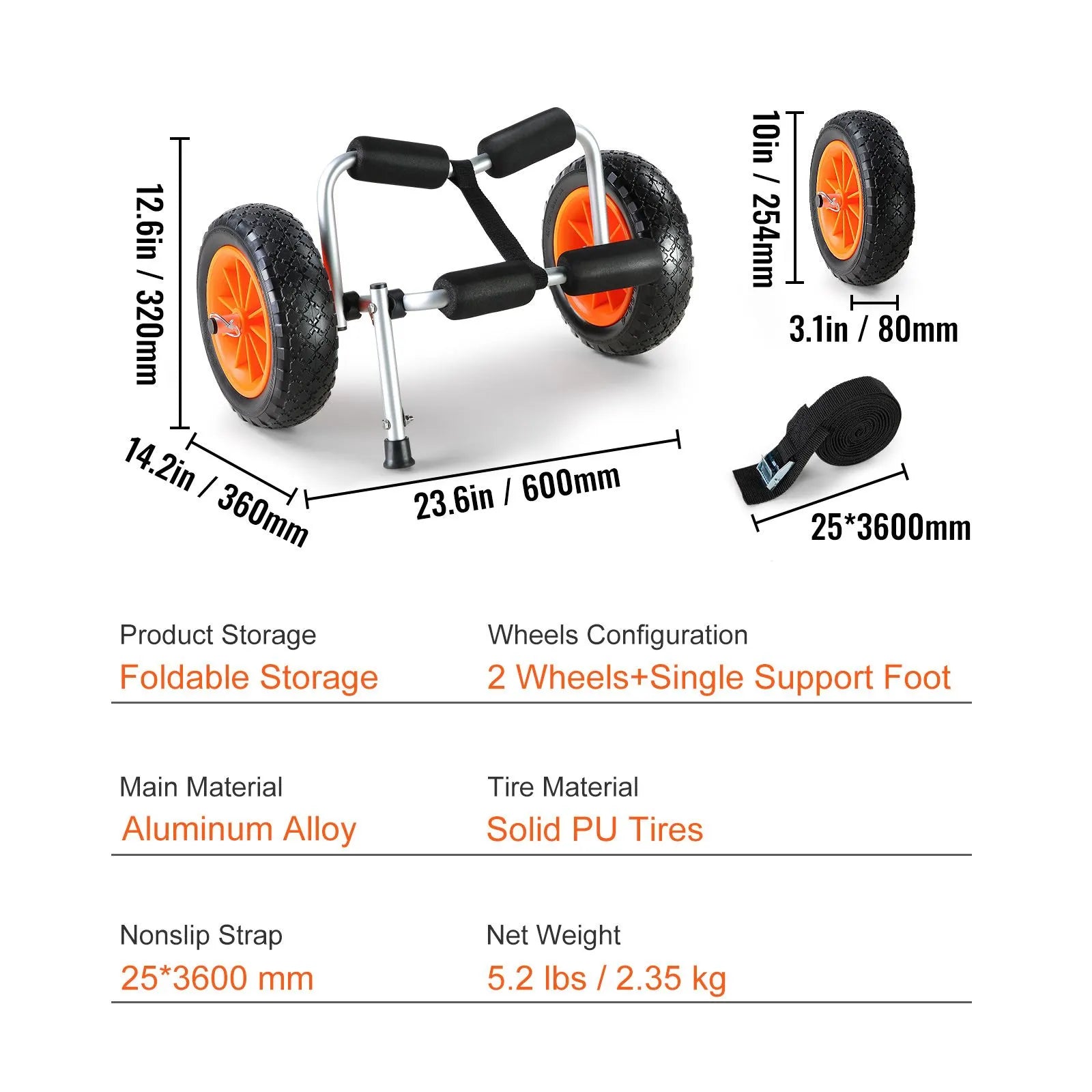 Foldable Kayak Cart Canoe Boat Carrier 250lbs Load with 10'' Solid Tires - Image 7
