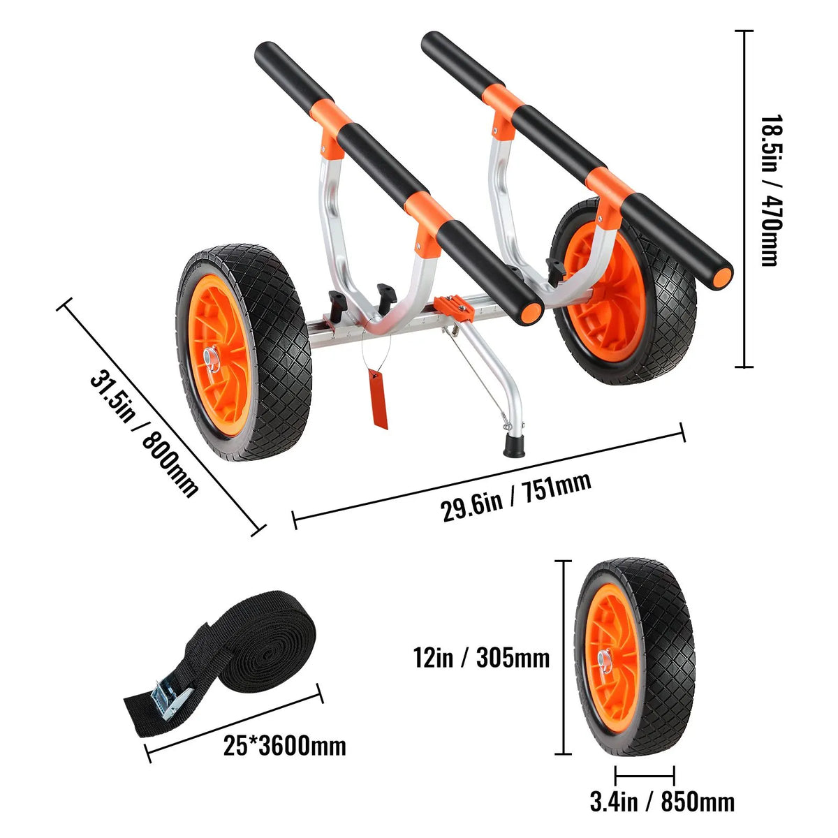 Adjustable Kayak Cart Canoe Boat Carrier 450lbs Load with 12'' Solid Tires - Image 8