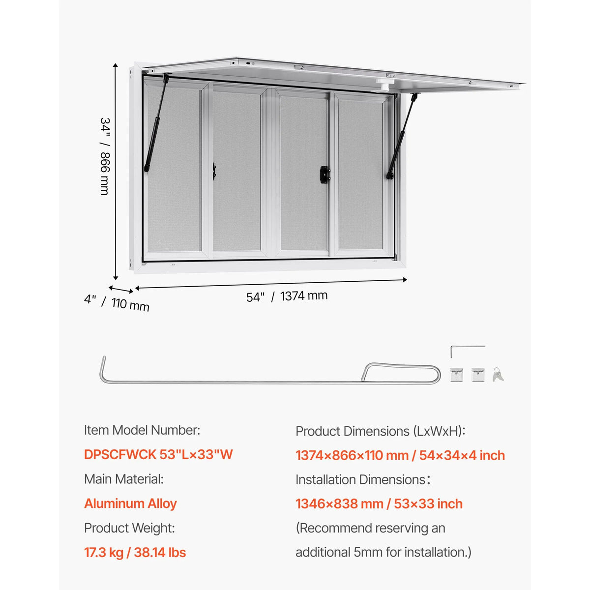 Concession Window 1346x838 mm, Aluminum Alloy Service Window for Food Truck, Up to 85 Degrees Stand Serving Window with 4 Sliding Windows, Awning Door, and Drag Hook, for Concession Trailers - Image 7