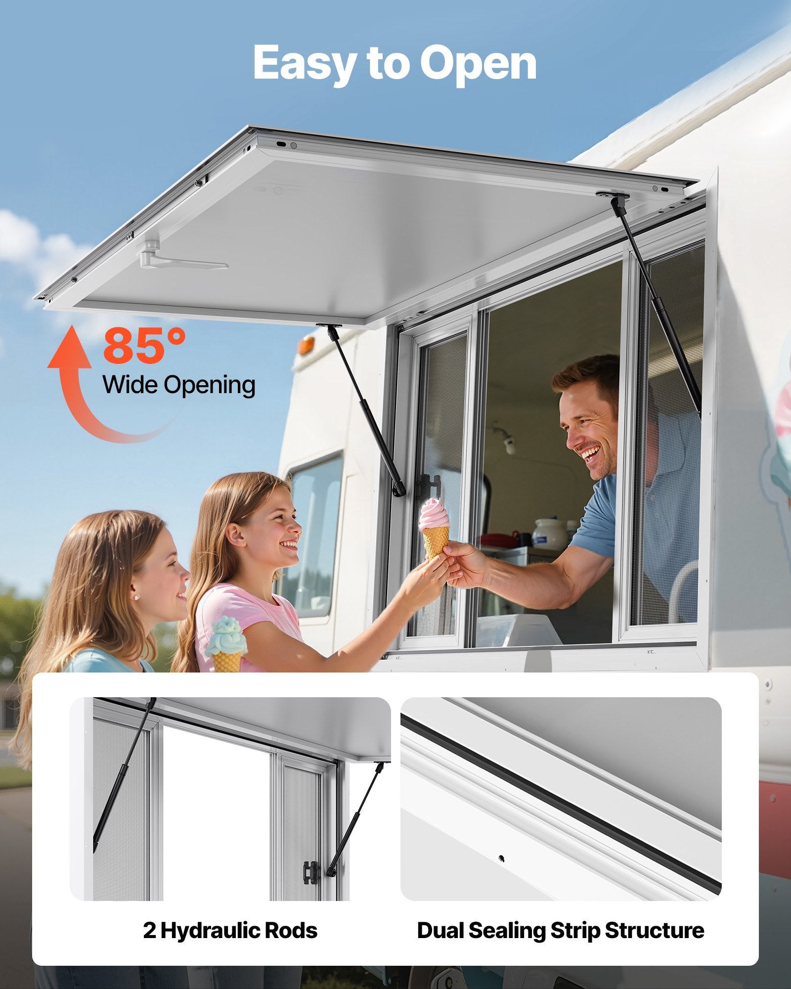 Concession Window 1346x838 mm, Aluminum Alloy Service Window for Food Truck, Up to 85 Degrees Stand Serving Window with 4 Sliding Windows, Awning Door, and Drag Hook, for Concession Trailers - Image 4