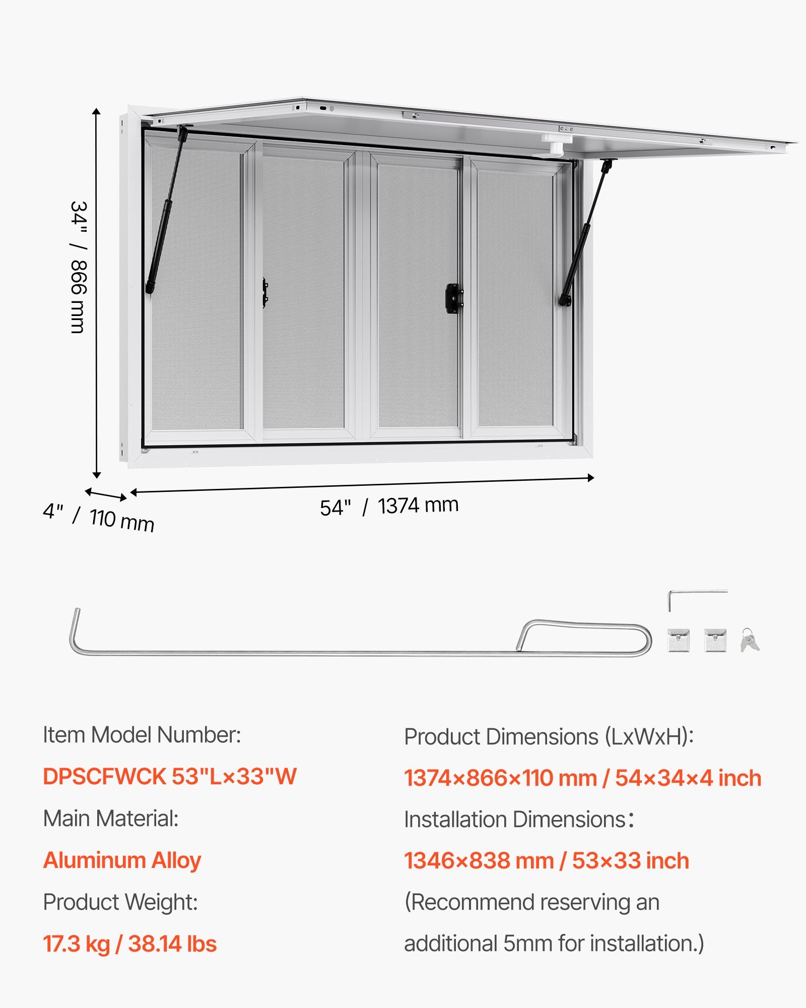 Concession Window 1346x838 mm, Aluminum Alloy Service Window for Food Truck, Up to 85 Degrees Stand Serving Window with 4 Sliding Windows, Awning Door, and Drag Hook, for Concession Trailers - Image 7