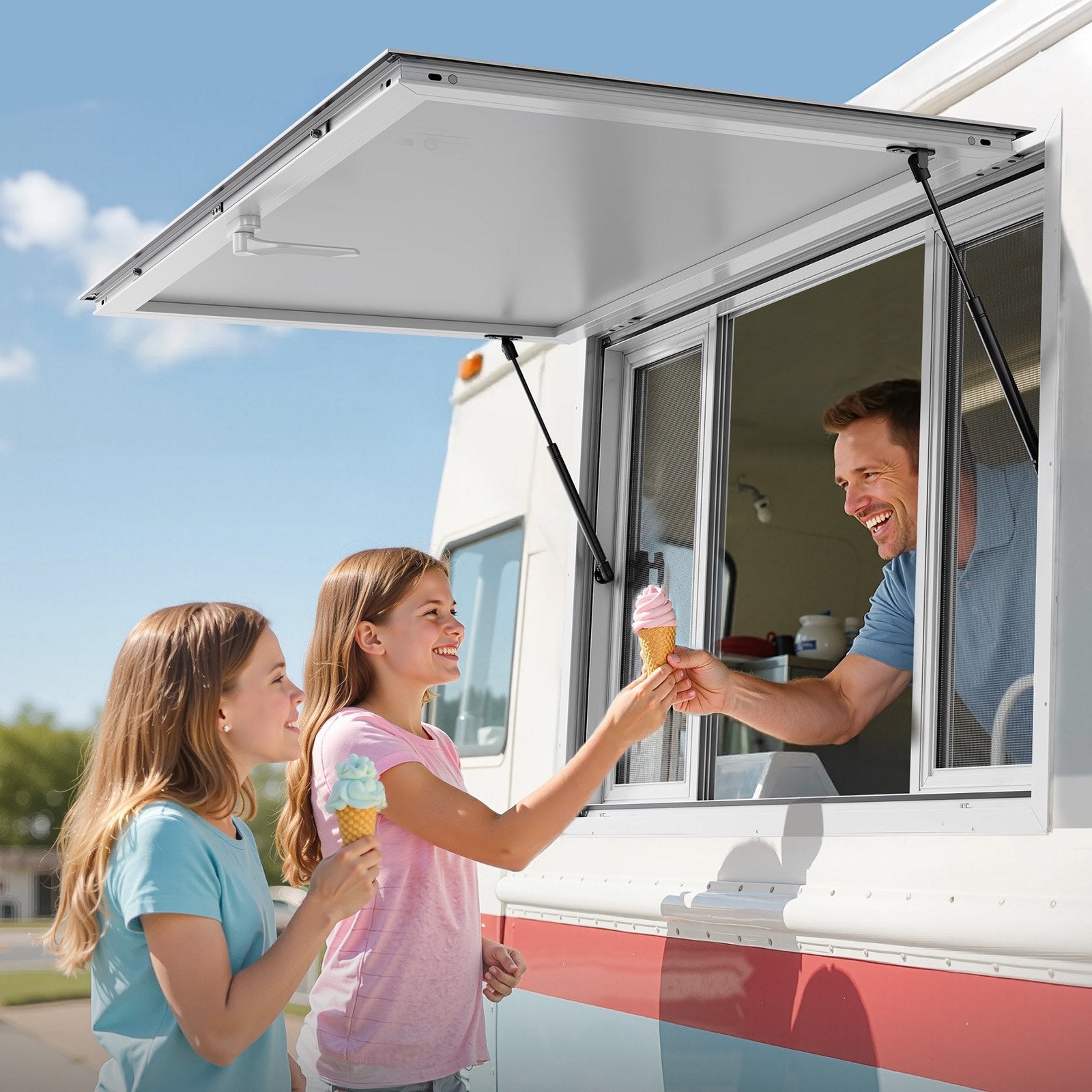Concession Window 1346x838 mm, Aluminum Alloy Service Window for Food Truck, Up to 85 Degrees Stand Serving Window with 4 Sliding Windows, Awning Door, and Drag Hook, for Concession Trailers - Image 8