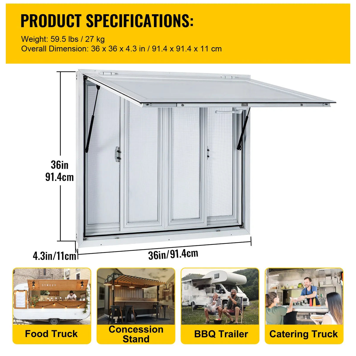 Concession Window, 91.4 x 91.4 cm Aluminum Alloy Food Truck Service Window with 4 Horizontal Sliding Screen Windows & Awning Door & Drag Hook, Serving Window for Food Trucks Concession Trailers - Image 7