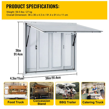 Concession Window, 91.4 x 91.4 cm Aluminum Alloy Food Truck Service Window with 4 Horizontal Sliding Screen Windows & Awning Door & Drag Hook, Serving Window for Food Trucks Concession Trailers - Image 7