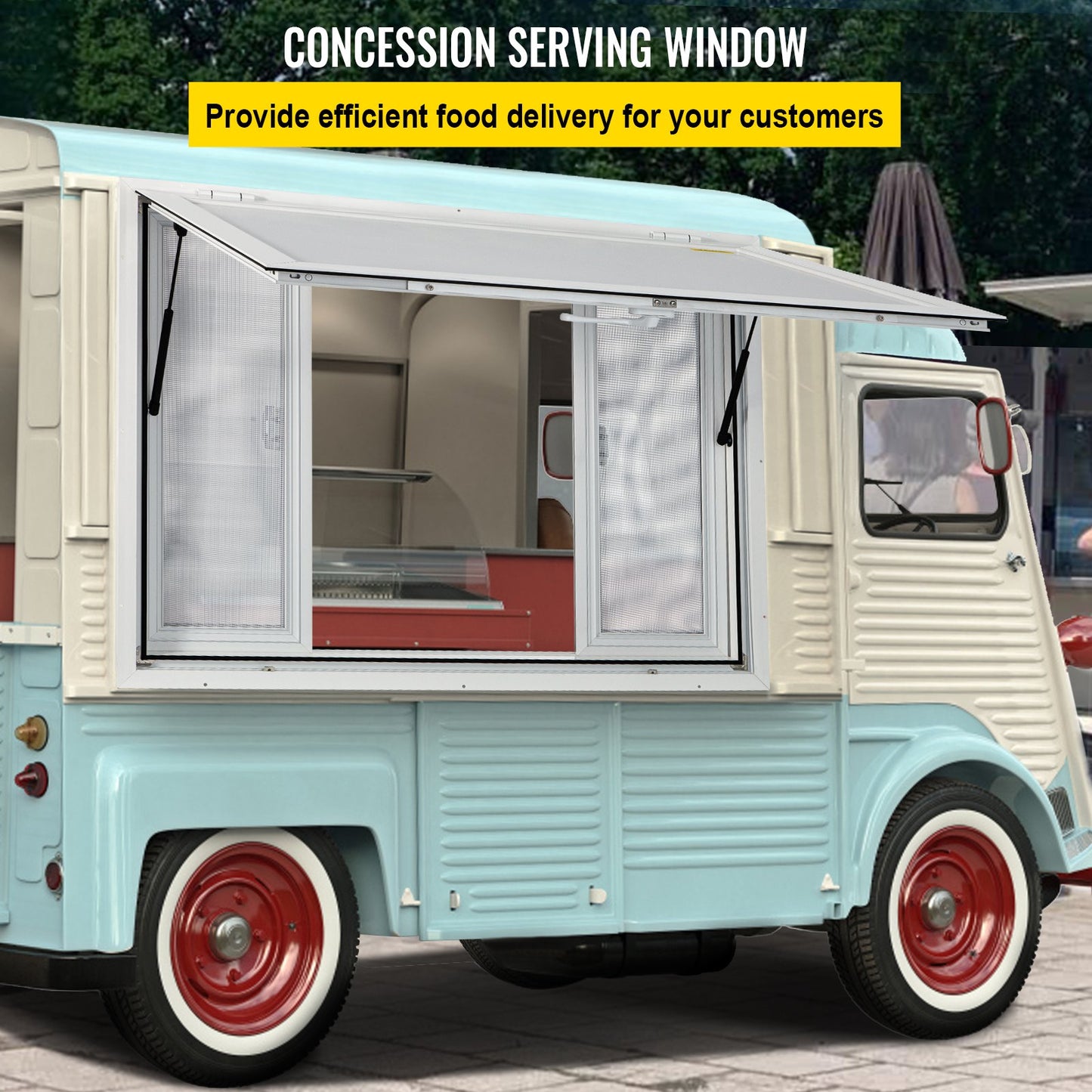 Concession Window, 91.4 x 91.4 cm Aluminum Alloy Food Truck Service Window with 4 Horizontal Sliding Screen Windows & Awning Door & Drag Hook, Serving Window for Food Trucks Concession Trailers - Image 2