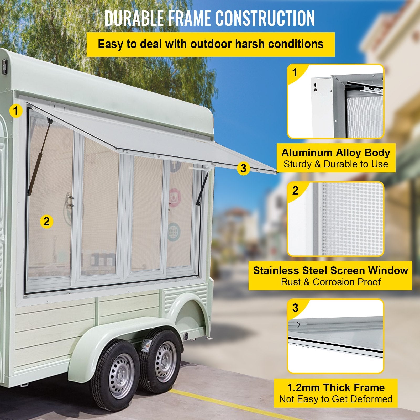 Concession Window, 91.4 x 91.4 cm Aluminum Alloy Food Truck Service Window with 4 Horizontal Sliding Screen Windows & Awning Door & Drag Hook, Serving Window for Food Trucks Concession Trailers - Image 3