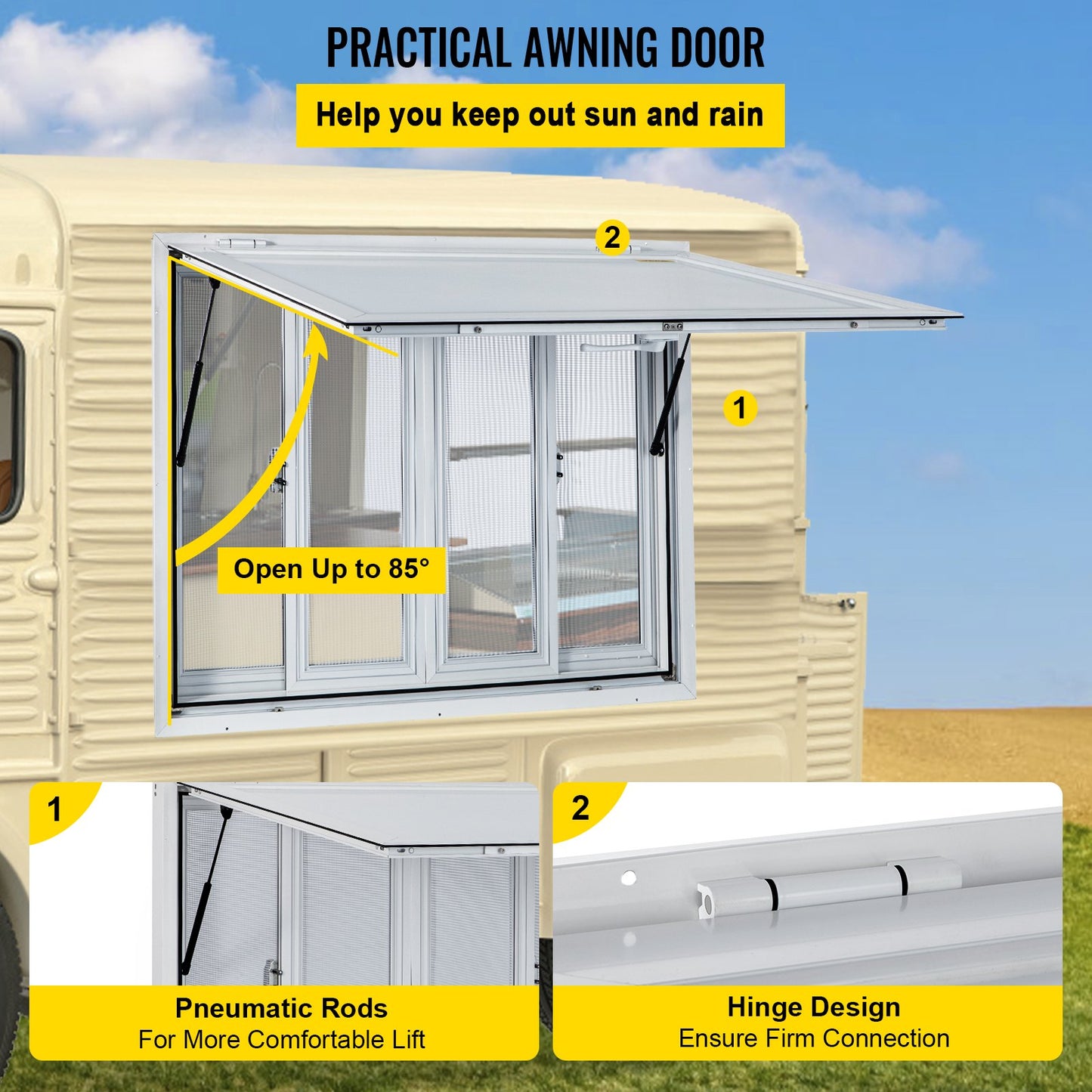 Concession Window, 91.4 x 91.4 cm Aluminum Alloy Food Truck Service Window with 4 Horizontal Sliding Screen Windows & Awning Door & Drag Hook, Serving Window for Food Trucks Concession Trailers - Image 5