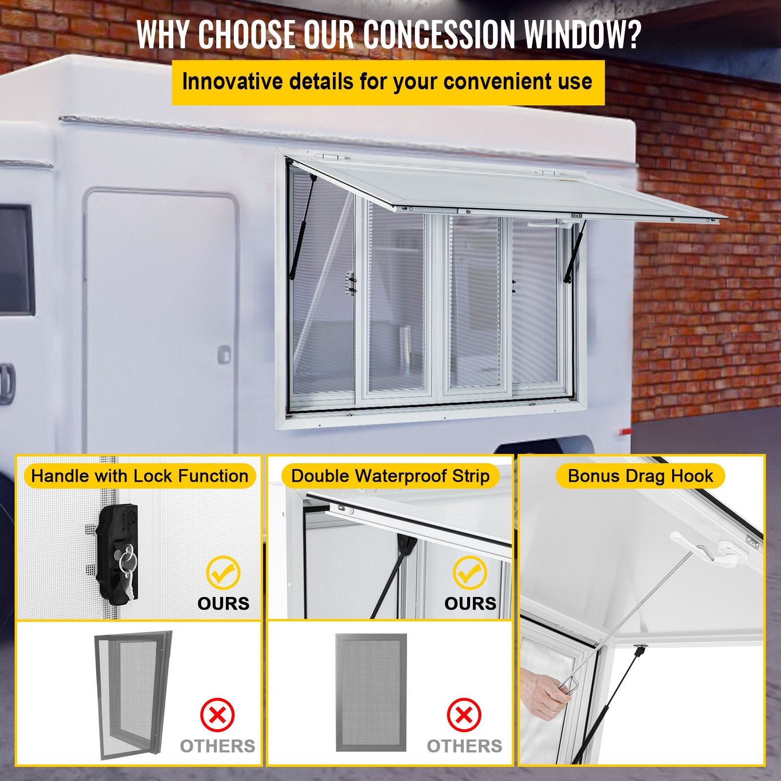 Concession Window, 91.4 x 91.4 cm Aluminum Alloy Food Truck Service Window with 4 Horizontal Sliding Screen Windows & Awning Door & Drag Hook, Serving Window for Food Trucks Concession Trailers - Image 6