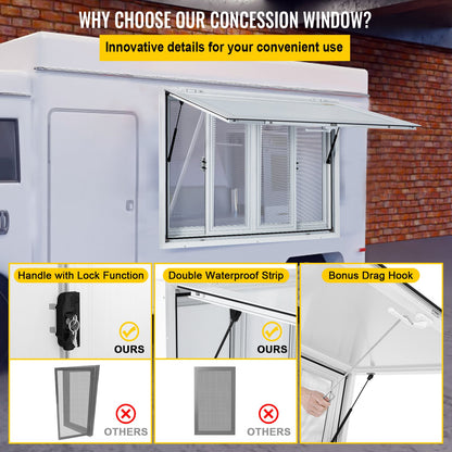 Concession Window, 91.4 x 91.4 cm Aluminum Alloy Food Truck Service Window with 4 Horizontal Sliding Screen Windows & Awning Door & Drag Hook, Serving Window for Food Trucks Concession Trailers - Image 6