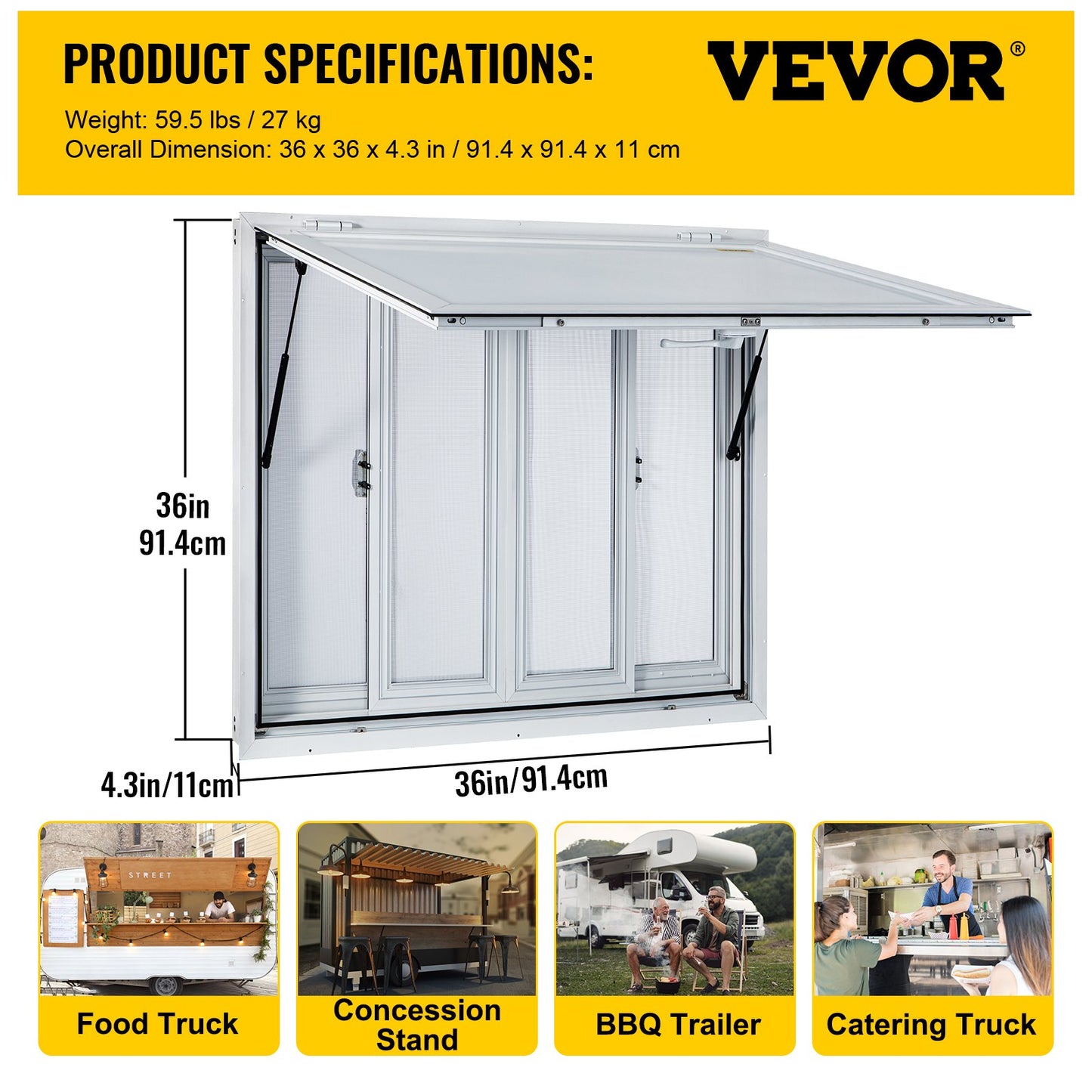 Concession Window, 91.4 x 91.4 cm Aluminum Alloy Food Truck Service Window with 4 Horizontal Sliding Screen Windows & Awning Door & Drag Hook, Serving Window for Food Trucks Concession Trailers - Image 7