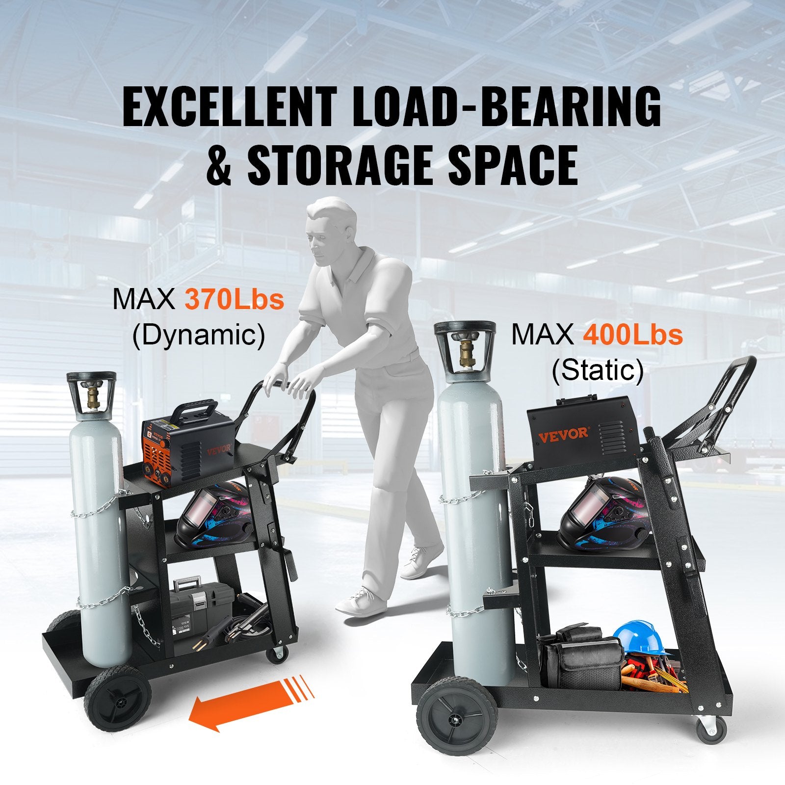 Welding Cart, 3-Tier Welder Cart Heavy Duty with 400 Lbs Weight Capacity, 360° Swivel Wheels, Tank Storage Safety Chains, Rolling MIG Welder Cart for TIG, ARC, MMA, Plasma Cutter Welding Machine - Image 3