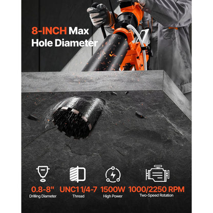 Diamond Core Drilling Machine, 200 mm Drilling Diameter, 2-in-1 Handheld & Stand-Mount Dry and Wet Concrete Core Drill Rig with 4 Bits, 1000/2250 RPM 2-Speed, for Concrete Brick Stone, 1500W - Image 2