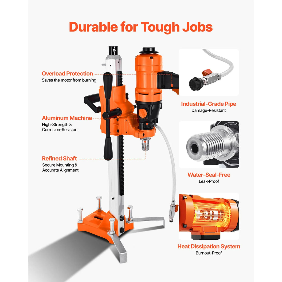 Diamond Core Drilling Machine, 200 mm Drilling Diameter, 2-in-1 Handheld & Stand-Mount Dry and Wet Concrete Core Drill Rig with 4 Bits, 1000/2250 RPM 2-Speed, for Concrete Brick Stone, 1500W - Image 7
