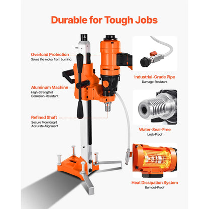 Diamond Core Drilling Machine, 200 mm Drilling Diameter, 2-in-1 Handheld & Stand-Mount Dry and Wet Concrete Core Drill Rig with 4 Bits, 1000/2250 RPM 2-Speed, for Concrete Brick Stone, 1500W - Image 7