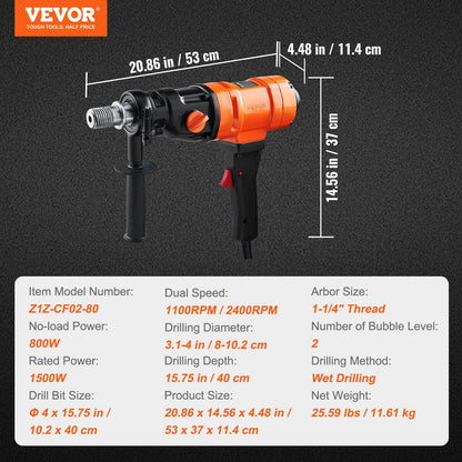 Diamond Core Drilling Machine, 4in Handheld Wet Concrete Core Drill Rig, 1100-2400RPM Two Speed & 1-1/4" Thread & 2 Bubble Levels, 3-4in Drilling Diameter for Concrete Brick Block Stone, 1500W - Image 7
