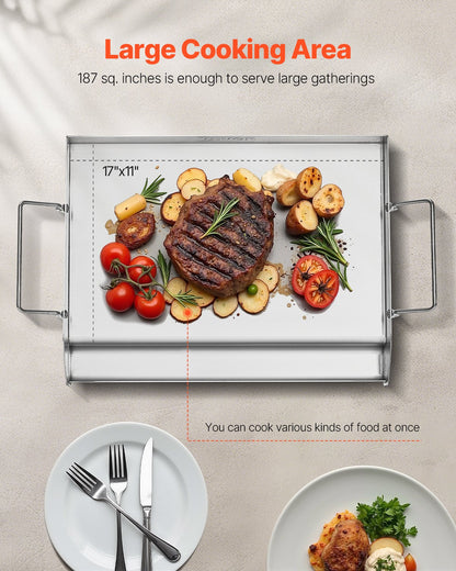 Stainless Steel Griddle, 17x13 inch Universal Flat Top Rectangular Plate, Gas Grill Griddle for BBQ Grill, Teppanyaki, Portable Family Cookware with Handle, for Camping Tailgating Party - Image 4