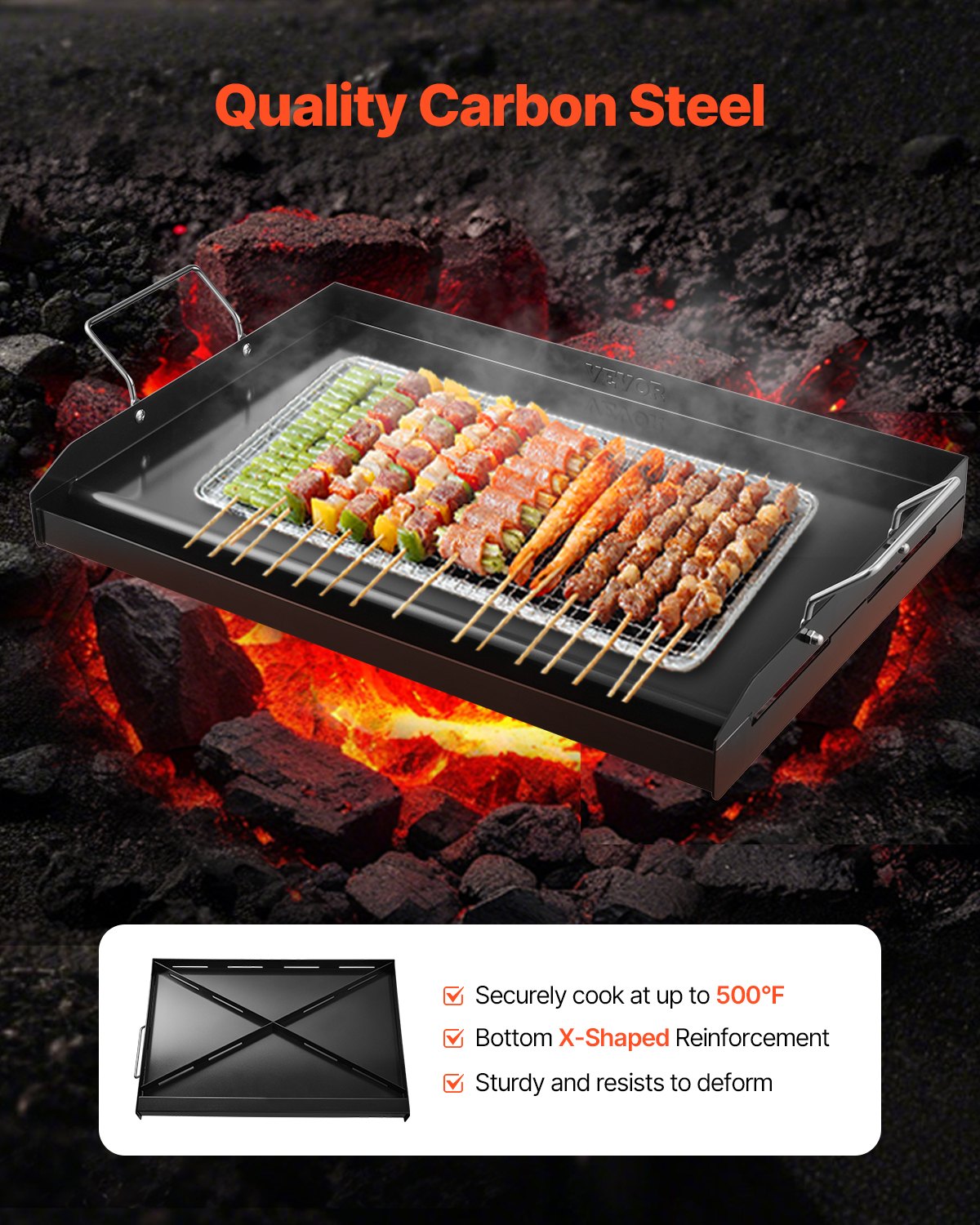 Carbon Steel Griddle, 24x16 inch Universal Flat Top Rectangular Plate, Gas Grill Griddle for BBQ Grill, Teppanyaki, Portable Family Cookware with Handle, for Camping Tailgating Party - Image 2