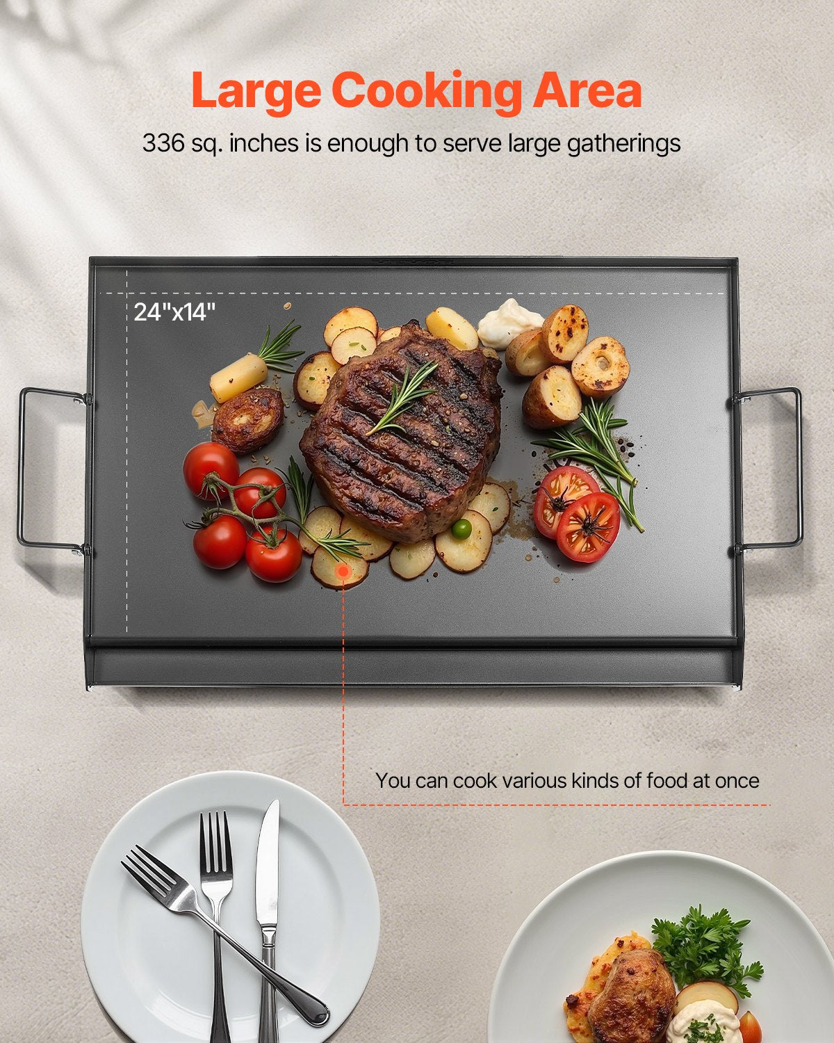 Carbon Steel Griddle, 24x16 inch Universal Flat Top Rectangular Plate, Gas Grill Griddle for BBQ Grill, Teppanyaki, Portable Family Cookware with Handle, for Camping Tailgating Party - Image 4