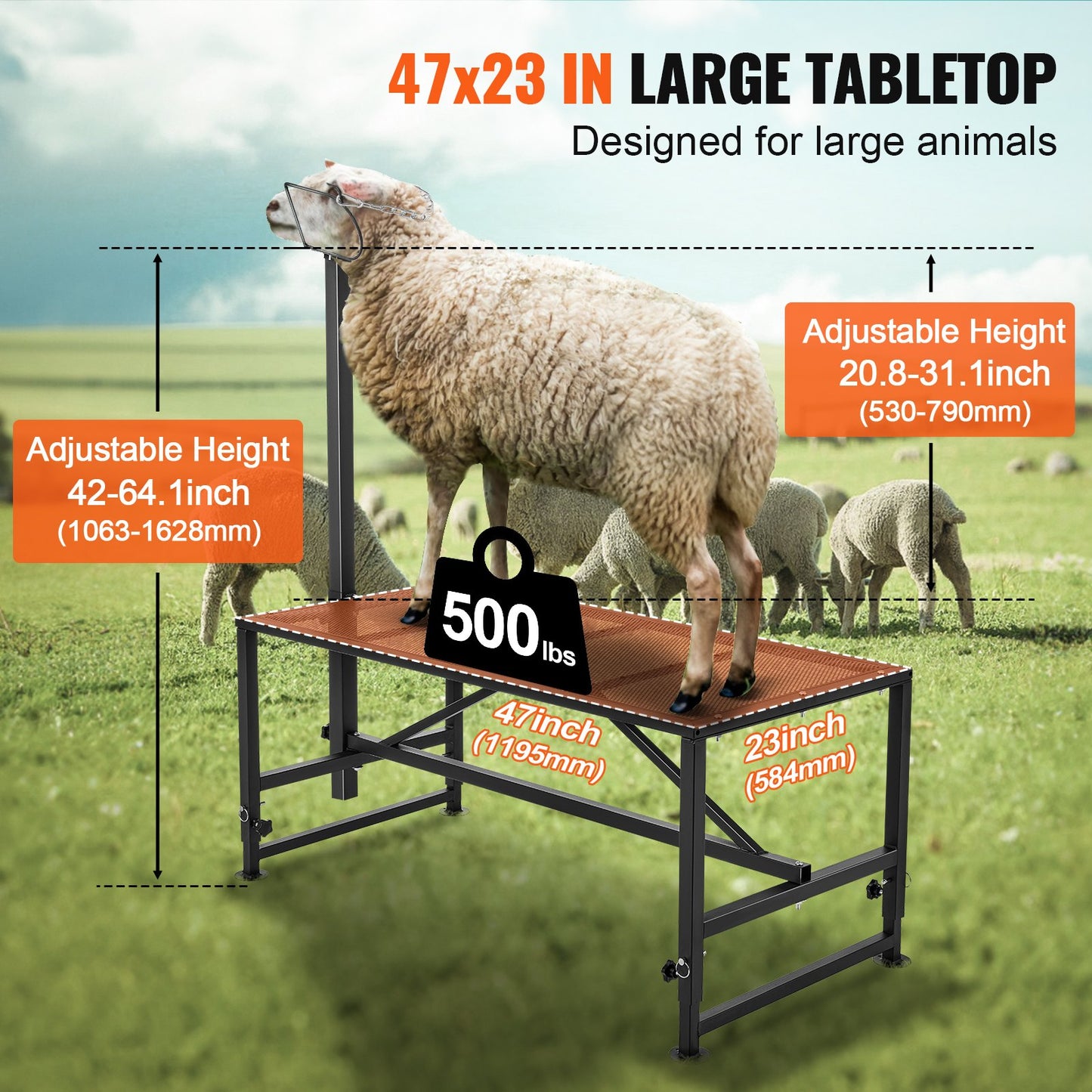 Goat & Sheep Stand, 47x23 inch Livestock Stand, Metal Livestock Milking and Shearing Stand 21" to 33" Adjustable Height, with Headpiece and Nose Loop, 500lbs Loading Weight, Black - Image 4