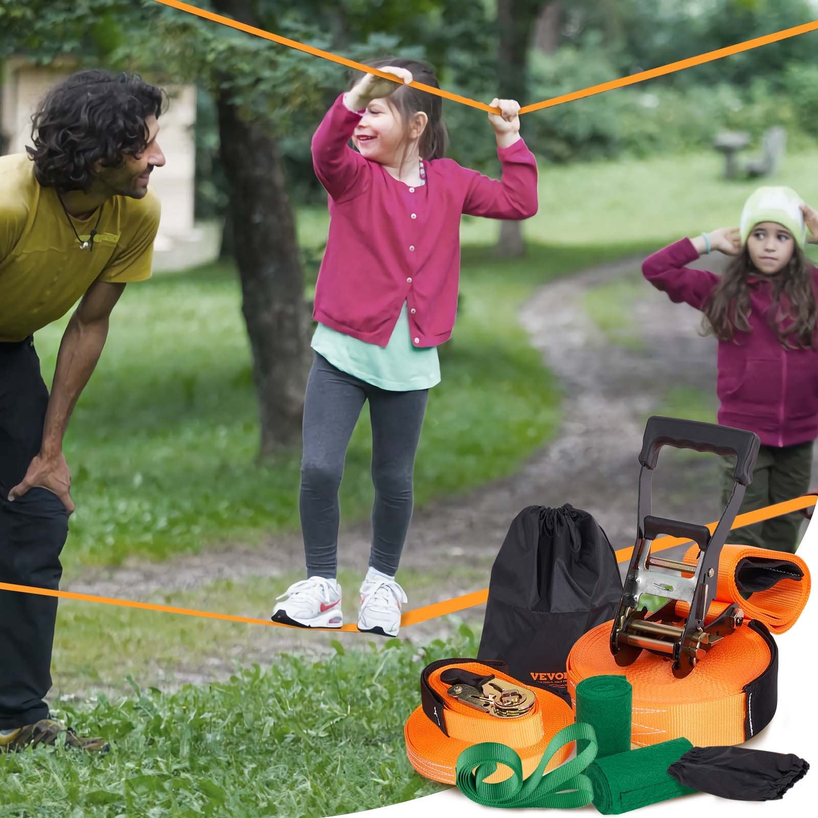 Slackline Kit with Training Line, 18.3m Backyard Slack Line Equipment, Easy Setup Tight Rope for Kids Adults, Complete Slackline Set with Tree Protectors, Arm Trainer, Carry Bag, and Instruction - Image 8