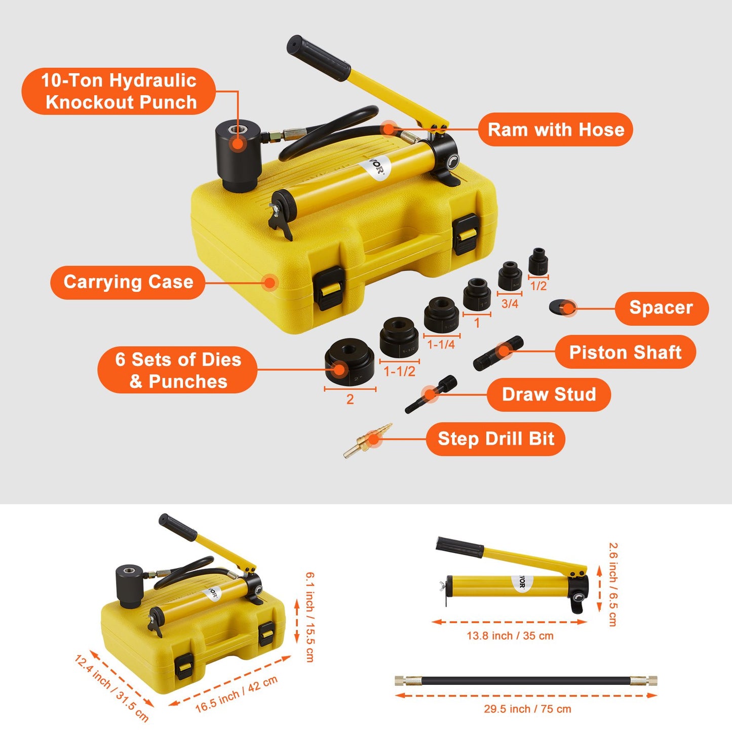 10 Ton Hydraulic Knockout Punch Kit, 1/2" to 2" Conduit Hole Cutter Set, KO Tool Kits with Puncher 6 Piece, Metal Sheet Driver Tools, For Aluminum, Brass, Stainless Steel, Fiberglass and Plastic - Image 7