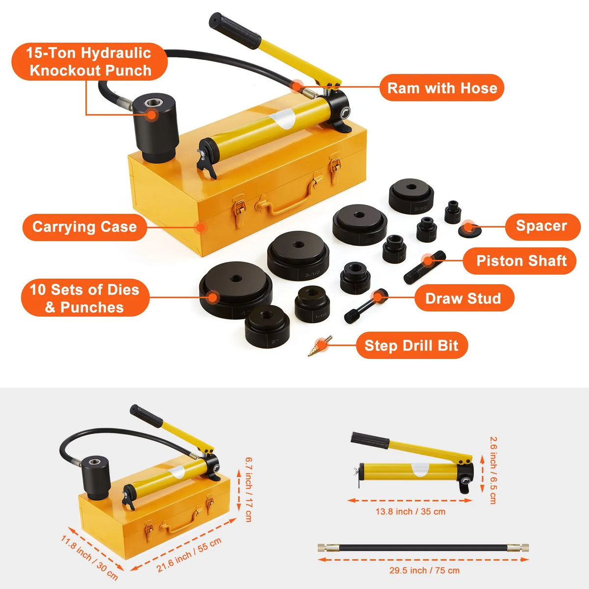 15 Ton Hydraulic Knockout Punch Kit, 1/2" to 4" Conduit Hole Cutter Set, KO Tool Kits with Puncher 10 Piece, Metal Sheet Driver Tools, For Aluminum, Brass, Stainless Steel, Fiberglass and Plasti - Image 7