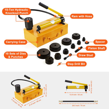 15 Ton Hydraulic Knockout Punch Kit, 1/2" to 4" Conduit Hole Cutter Set, KO Tool Kits with Puncher 10 Piece, Metal Sheet Driver Tools, For Aluminum, Brass, Stainless Steel, Fiberglass and Plasti - Image 7