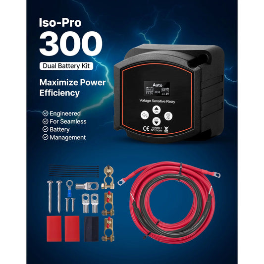 Dual Battery Isolator Kit, 12V 300 Amp, Manual and Automatic VSR Voltage Sensitive Relay with Voltmeter, LCD Screen, Smart Battery Isolator, Compatible with Lead-Acid Batteries, for UTV, ATV - Image 3