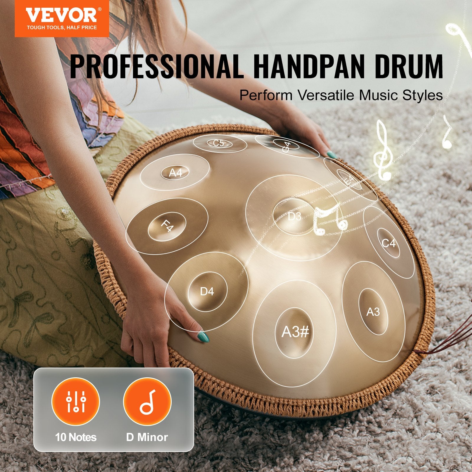 Handpan Drum 22 in 10 Notes D Minor Hand Drum Instrument with Mallet - Image 2