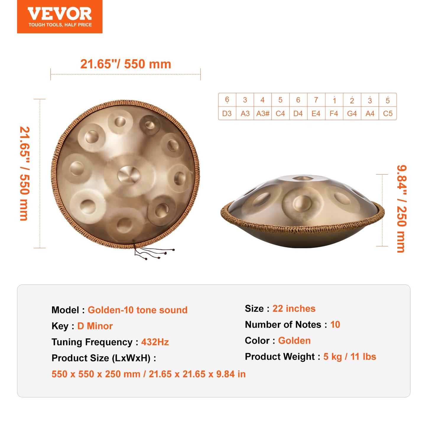 Handpan Drum 22 in 10 Notes D Minor Hand Drum Instrument with Mallet - Image 7